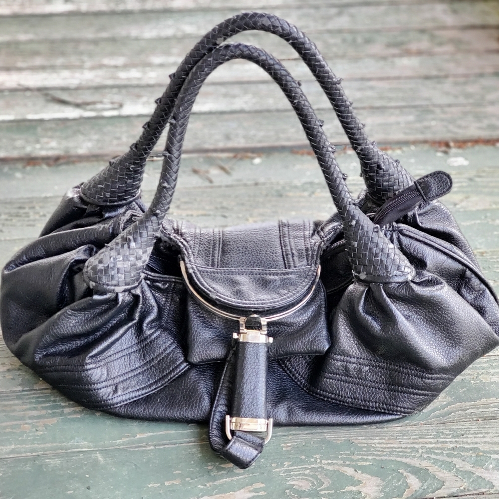 Spacious black leather handbag